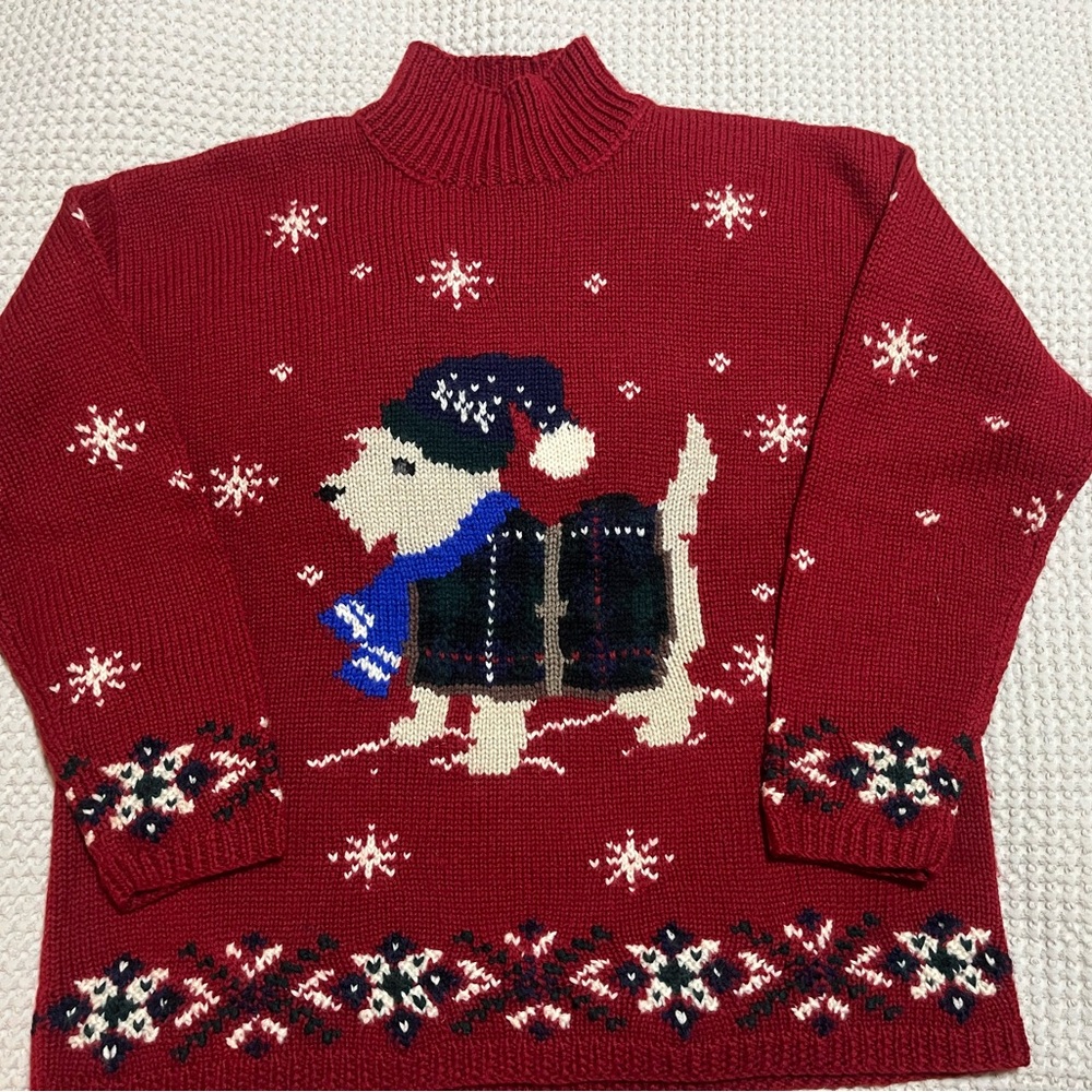 Vintage Ralph Lauren Red Knit Terrier Holiday Sweater 100% wool